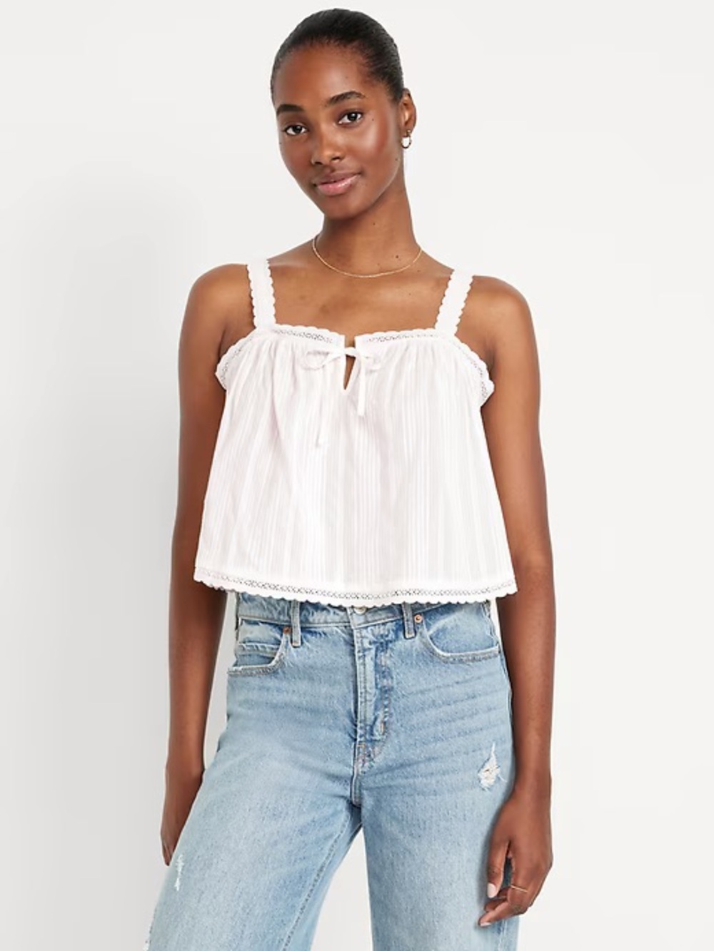 Old Navy White Cropped Tank with Lace Trim and Tie